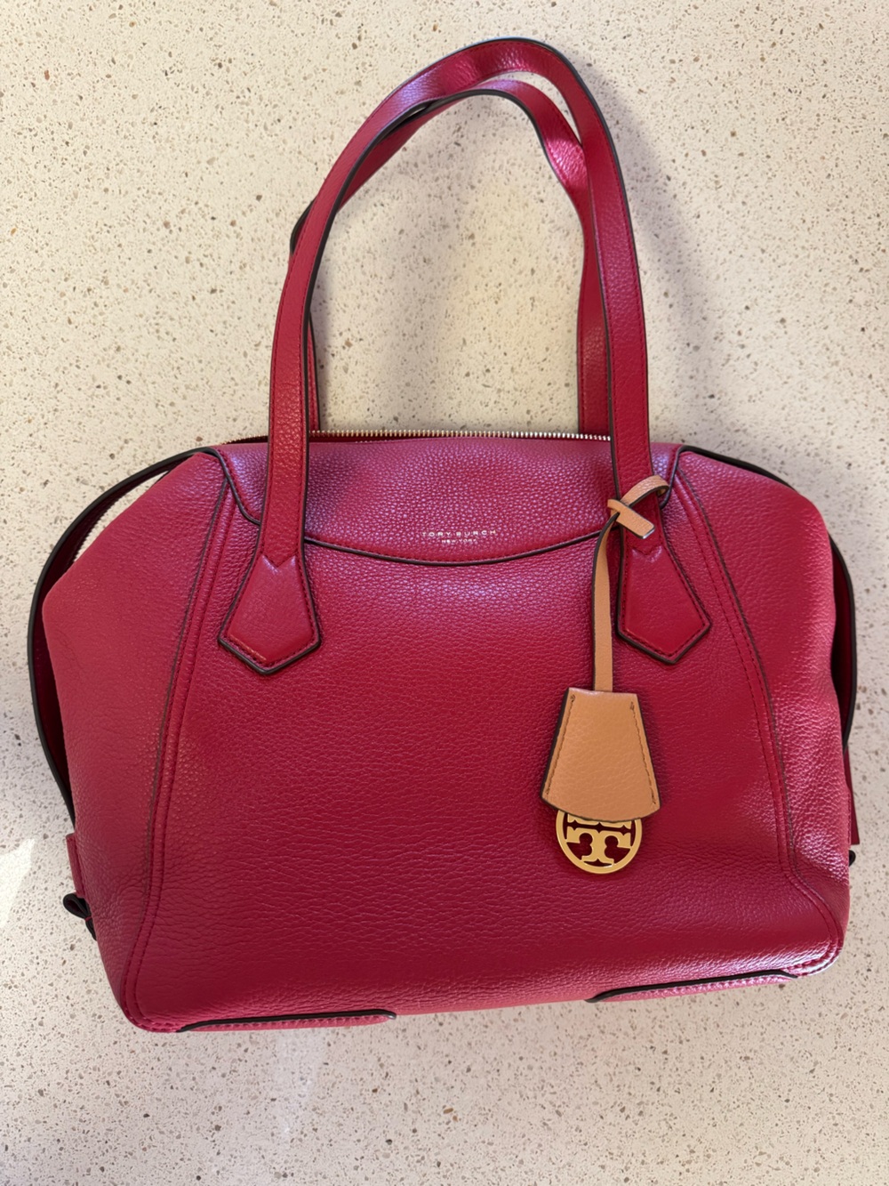 Tory Burch Perry Leather Satchel Bowler Bag Scarlet Red w/ Gold Charm - Like New